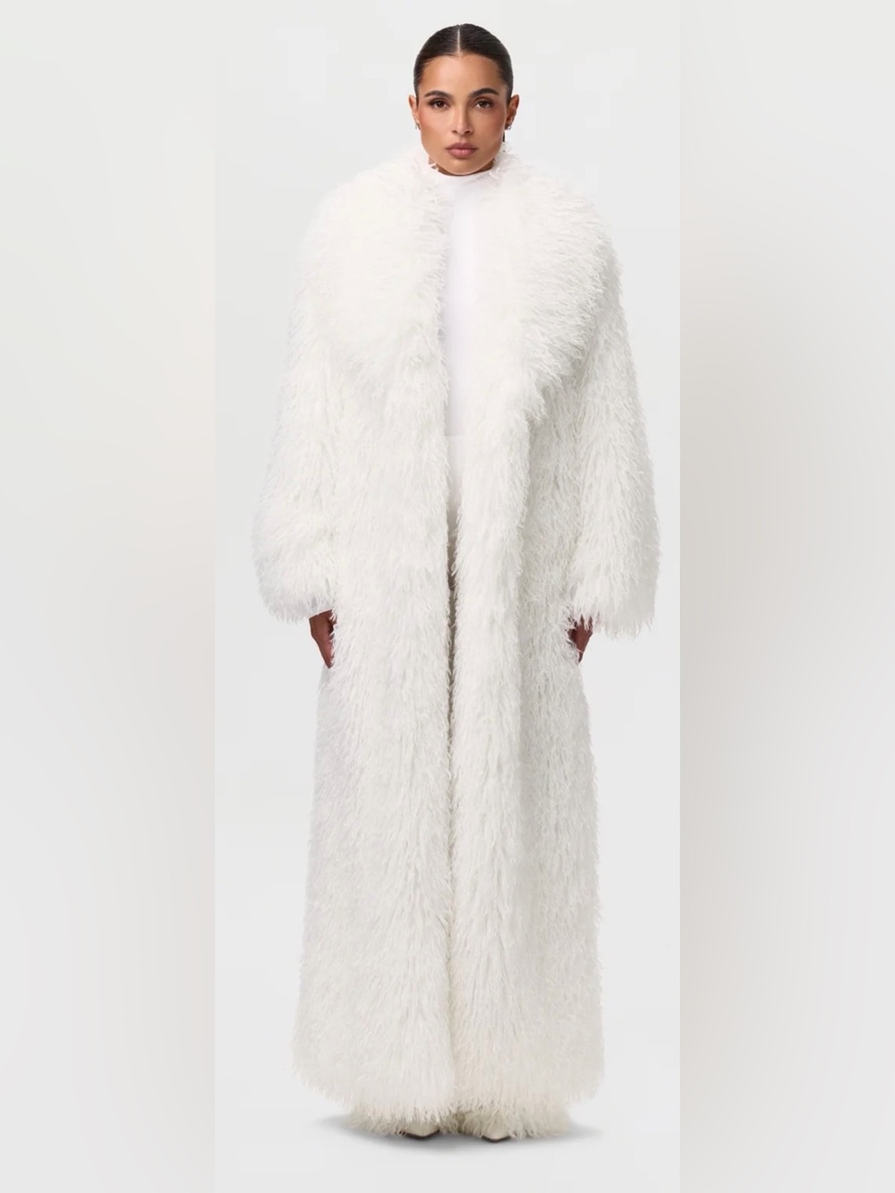 naked wardrobe White Faux Fur Long Robe Coat